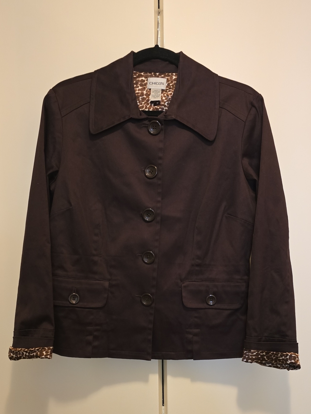 Chico's Chocolate Brown Button-Front Blazer with Leopard Lining
